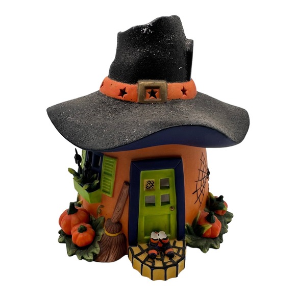 Party Lite Ceramic Pumpkin Witch House‎ Halloween Tea Light Holder P8607 W/Stars - Picture 1 of 7
